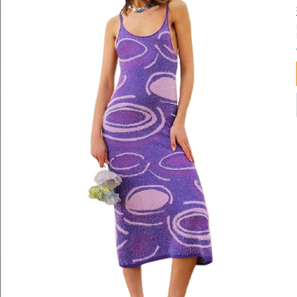 Purple circle swirl print knit sweater midi dress